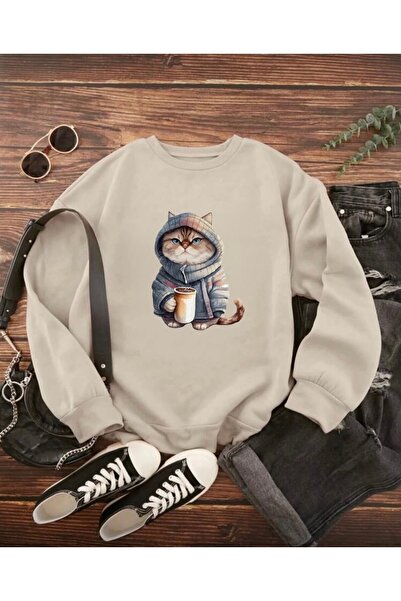 FUFLUNS سويت شيرت برقبة دائرية للجنسين للنساء/الرجال مطبوع عليه قطة