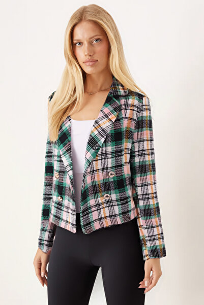 armonika Women's Green-Black Double-Breasted Collar Tweed Crop Jacket Arm-24K001014
