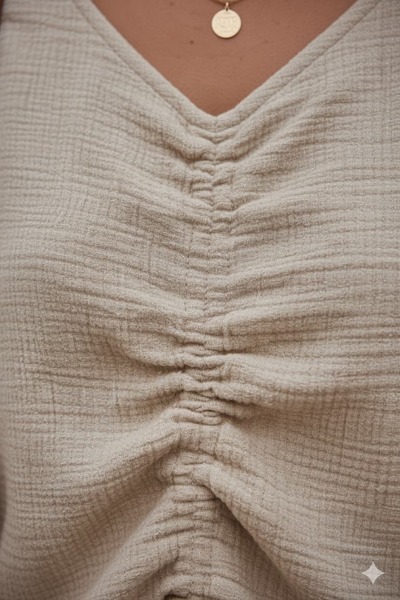 Punta Otantik Ay23766 Gathered Front Trousers Slit Muslin Set Beige