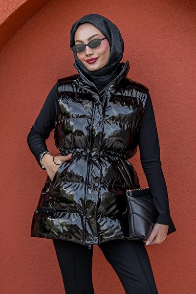 Tesettür Çarşım Rugan Bel Büzgülü Şişme Yelek-Siyah