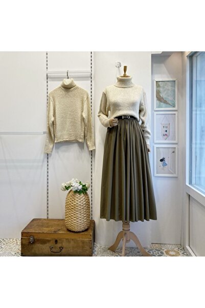 Faya Boutique Ihlamur Yeşili Kemerli Sık Pileli Etek