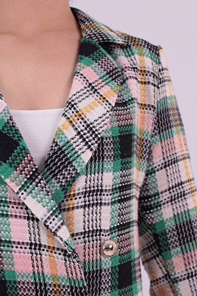 armonika Women's Green-Black Double-Breasted Collar Tweed Crop Jacket Arm-24K001014