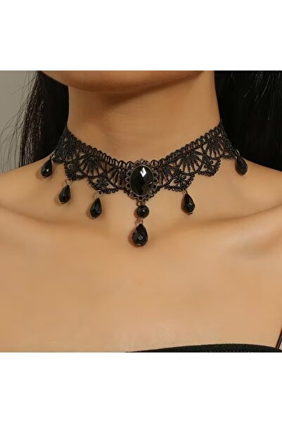 Genel Markalar Gotik Siyah Dantel kolye.Siyah Kristal detaylı