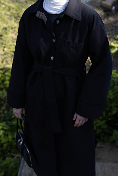 ZÜLAYS Düğmeli Uzun Trençkot Siyah