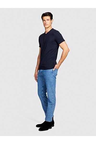 Sisley 100% Cotton Slim Fit Button Detail Slub T-Shirt Men's Navy Blue T-Shirt - 323A3Yr7S1009