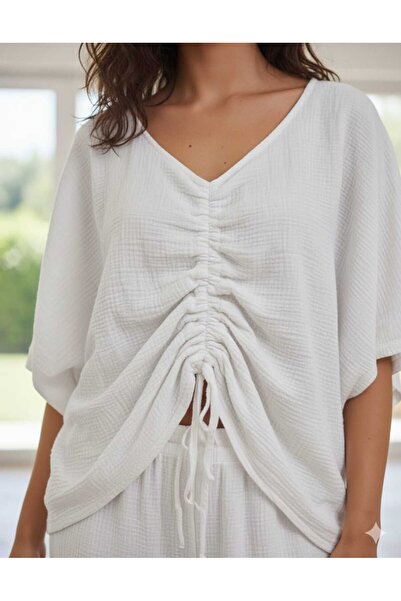 Punta Otantik Ay23766 Gathered Front Trousers Slit Muslin Set White