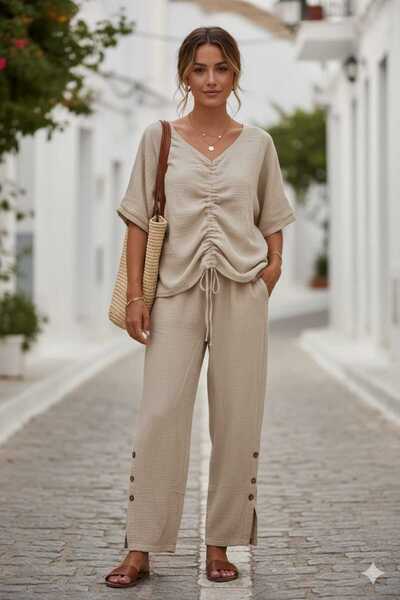 Punta Otantik Ay23766 Gathered Front Trousers Slit Muslin Set Beige