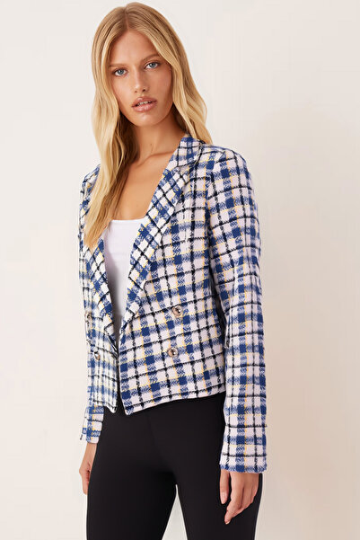 armonika Жіночий біло-синій круазевий комір твітовий кроп-жакет ARM-24K001014