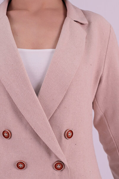 armonika Women's Light Beige Double-Breasted Collar Gabardine Crop Jacket Arm-24Y001010