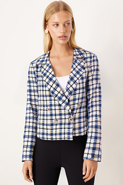 armonika Жіночий біло-синій круазевий комір твітовий кроп-жакет ARM-24K001014