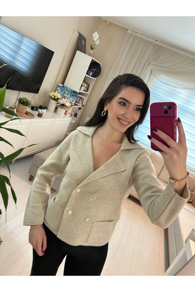 SelenFashion Krem Düğmeli Ceket Görünümlü Triko Hırka