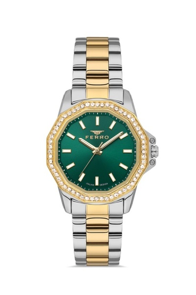 FERRO FL21540AWT-D6 Quartz Çelik Altın/Gri Yeşil Kadran 32 mm Kadın Kol Saati