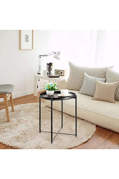 Un Black Metal Round Serving Table with Detachable Top Tray - 50x50x60 cm