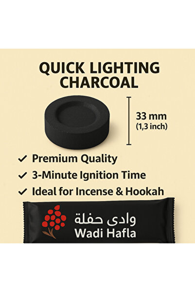 Wadi halfa فحم بخور فاخر مقاس 33 مم، سريع الاشتعال، بدون دخان وطويل الاحتراق – 60 قرص