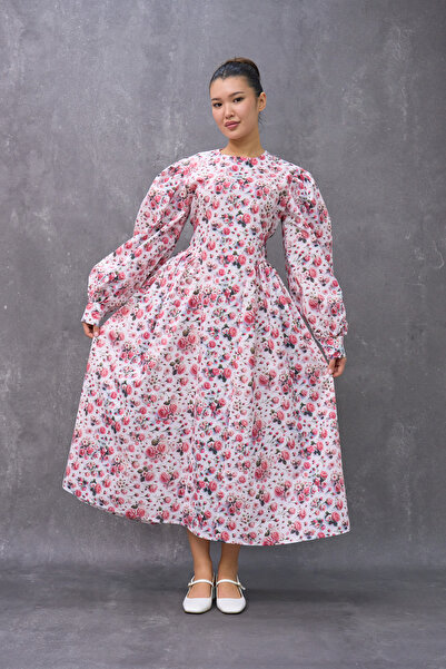 KÜÇÜĞÜM BUTİK Pleated Pink Rose Pattern Satin Mother Dress and Girl Flared Dress Combination