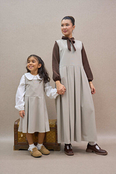 KÜÇÜĞÜM BUTİK Beige Pleated Polyviscose Jile Dress and Girl's Dress Mother-Daughter Combination (Sold as Single)