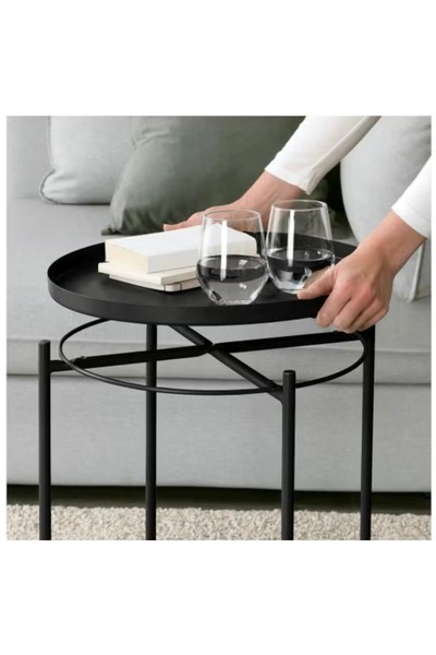 Un Black Metal Round Serving Table with Detachable Top Tray - 50x50x60 cm