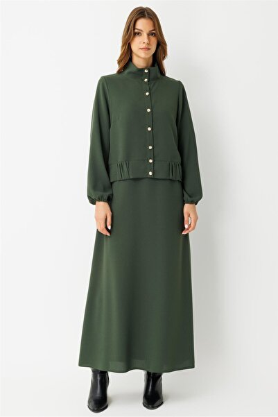 Esswaap Büzgü Detaylı Elbiseli Takım Haki