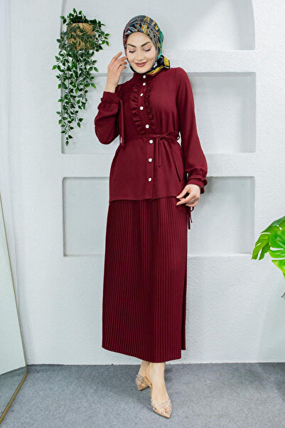 Tesettür Diyarı Set Hijab cu fustă cămașă cu volane din țesătură crep - Roșu ...