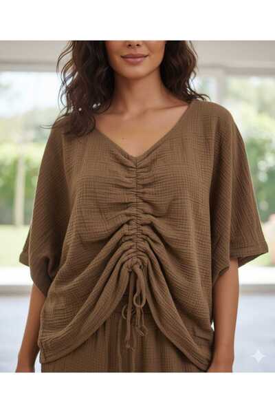 Punta Otantik Ay23766 Gathered Front Trousers Slit Muslin Set Brown