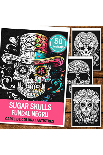 Legendary Gifts Книжка за оцветяване, 50 илюстрации на захарни черепи на чере...