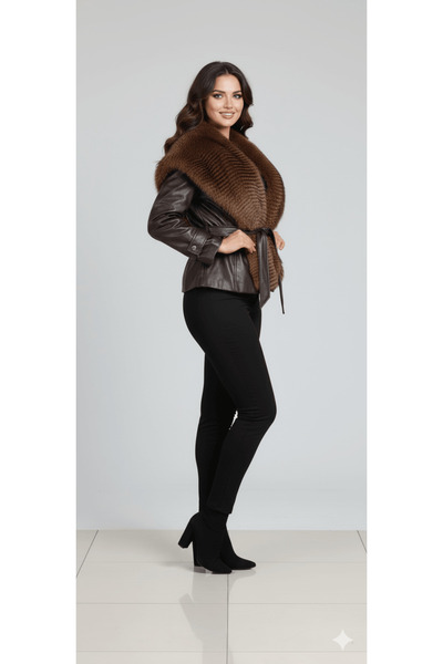 cemo Leather Coat with Fur Collar