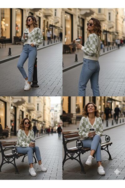 Cockatoo Women's Pinterest Checkered Buttoned Knit Cardigan