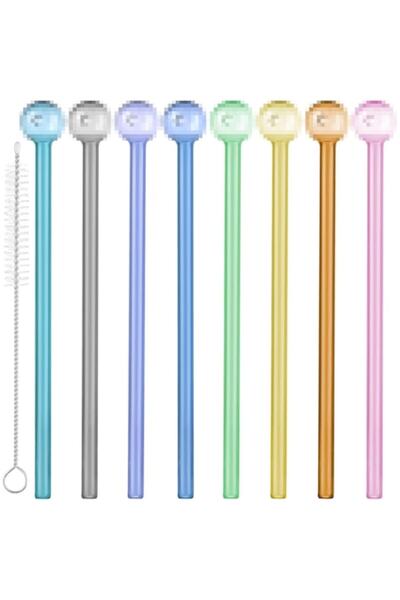 OEMN Set 10 Colored Glass Straws with Cleaning Brush, Multicolor, 19 cm