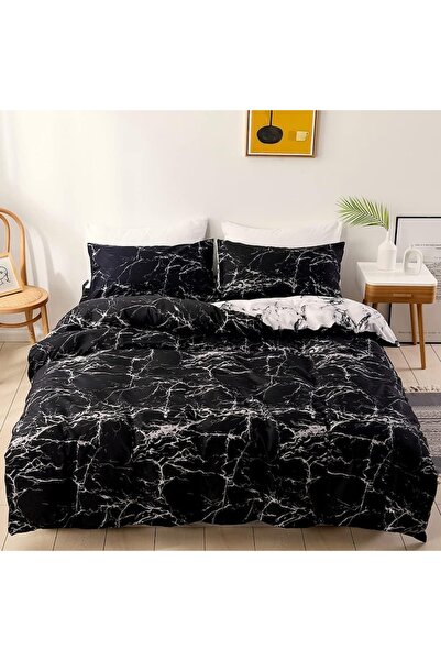 Luofanfei Reversible Microfiber Bedding Set 200x200 cm, Black Marble, Zipper, Includes Duvet Cover & 2 Pillowc