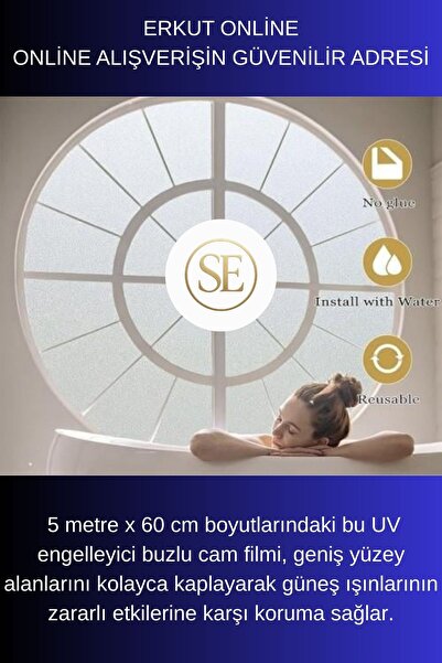 ERKUT ONLİNE UV Engelleyici Buzlu Cam Filmi 5 Metre x 60 Cm Özel Üretim İç Gö...
