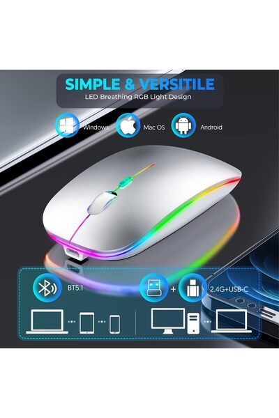 007 GraGra Wireless Rechargeable Bluetooth Laptop Mouse 2.4GHz with 2 USB-A to C Adapters, 800/1600/2400