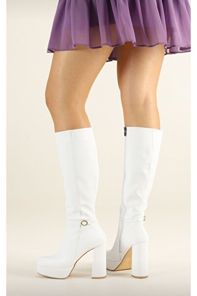 Afilli Women's White Buckle Side Zipper Platform Thick High Heels Below the Knee Sexy Long Stylish Boots