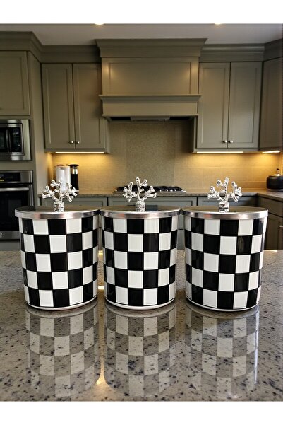 ferayhome Baharatlık Silindir 3 lü Metalli Kahve Köşesi Siyah Damalı 750 ml M...