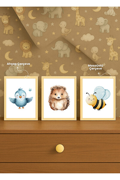 gxe.art 3-Piece Baby and Children's Room Wooden Framed Desktop Painting Set w...