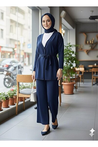 ECEYLÜL MODA Modest Wear Two-Piece Set Tie-Waist Kimono and Wide-Leg Pants Black Casual Stylish Two-Piece Set