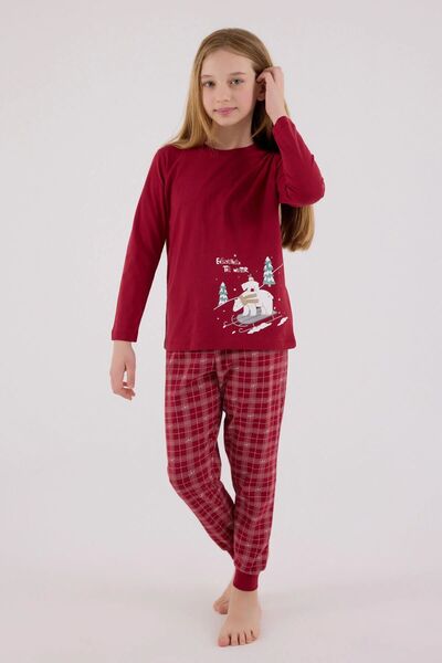 Arnetta 3445C Girls' Burgundy Long Sleeve Winter Themed Pajama Set