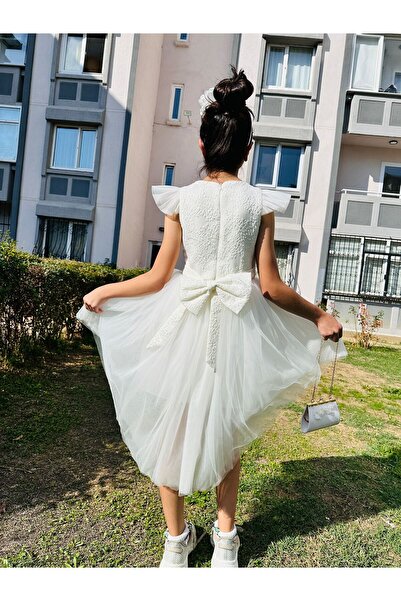 Neva Baby Boutique Kuyruklu Beyaz Tül Kız Çocuk Elbisesi Düğün - Doğum Günü - Okul Gösterisi Abiye (çanta taç hediyeli)