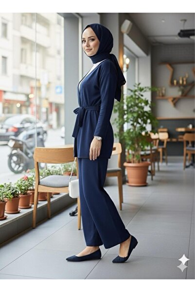 ECEYLÜL MODA Modest Wear Two-Piece Set Tie-Waist Kimono and Wide-Leg Pants Black Casual Stylish Two-Piece Set