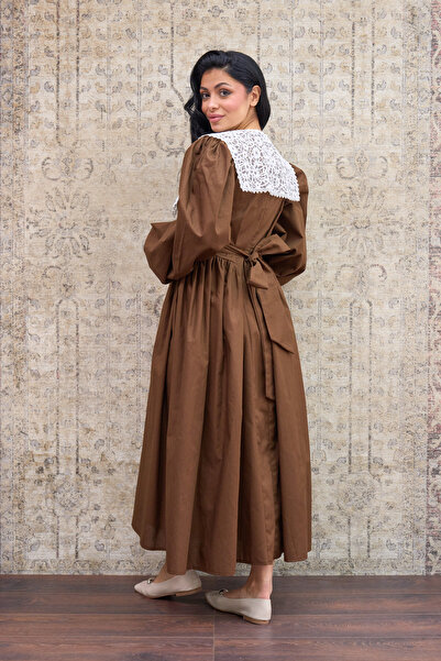 KÜÇÜĞÜM BUTİK Vintage μακρύ γυναικείο φόρεμα με πλισέ κολάρο σε καφέ χρώμα (Φόρεμα-Γιακά)