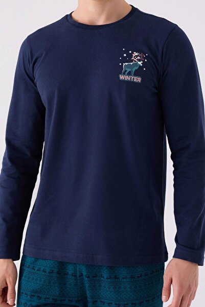 Arnetta 3135 Set de pijamale cu mâneci lungi, cu tematică de iarnă, albastru bleumarin pentru bărbați