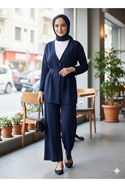 ECEYLÜL MODA Modest Wear Two-Piece Set Tie-Waist Kimono and Wide-Leg Pants Black Casual Stylish Two-Piece Set