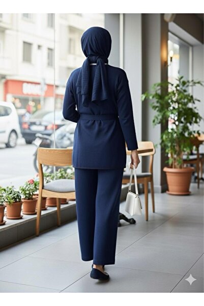 ECEYLÜL MODA Modest Wear Two-Piece Set Tie-Waist Kimono and Wide-Leg Pants Black Casual Stylish Two-Piece Set