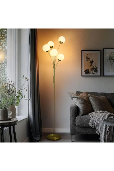luminastar Lampă de podea, 5 globuri albe, soclu G9, corp auriu, înălțime 175 cm
