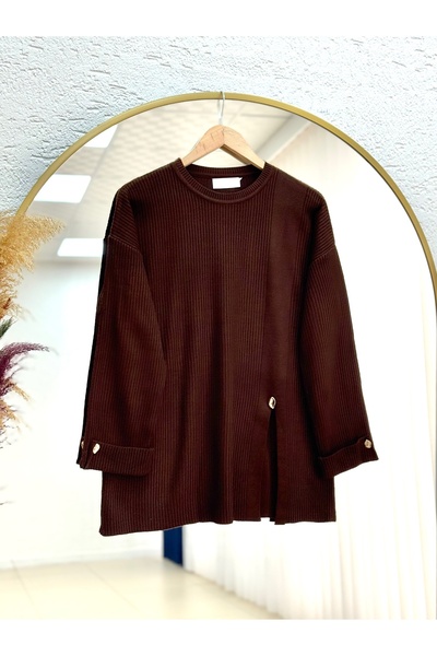 BENAHOLL Celuna Kol Ucu Ve Önü Düğmeli Yırtmaçlı Triko Tunik-KR5005 Kahve