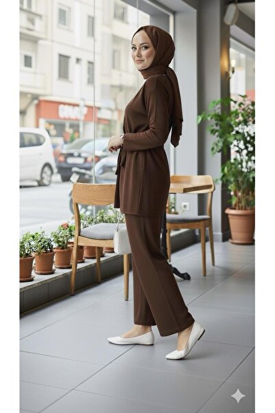 ECEYLÜL MODA Modest Wear Two-Piece Set Tie-Waist Kimono and Wide-Leg Pants Black Casual Stylish Two-Piece Set