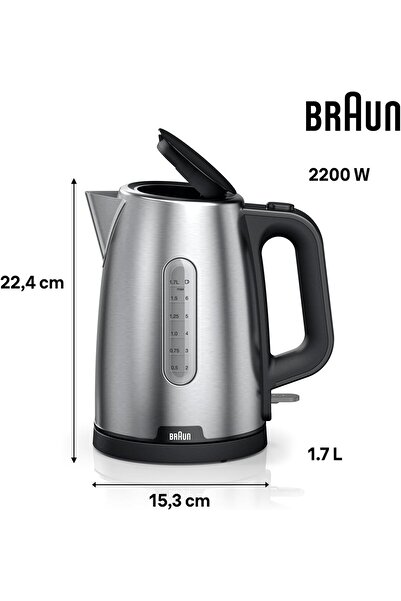 Braun PurShine Stainless Steel Electric Kettle, 1.7 L, 2200 W (WK1500BK)