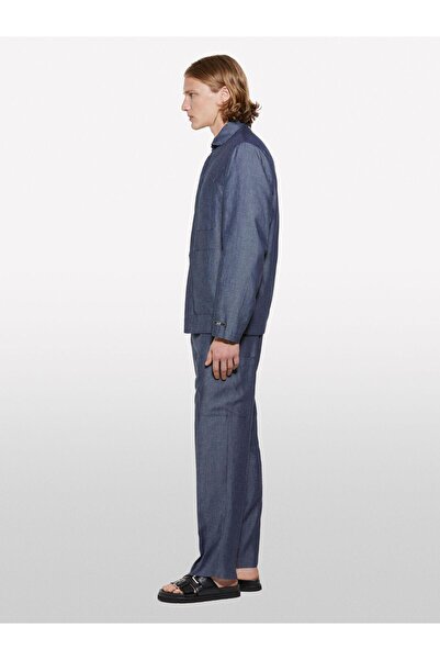 Sisley Ανδρικό μπλε μπουφάν με κρυφά κουμπιά από λινό μείγμα χωρίς επένδυση - 325P2NZVSW02A