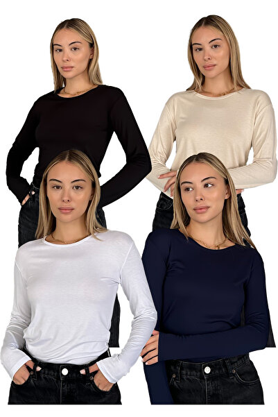 RDK Giyim Kadın Uzun Kollu Bisiklet Yaka Penye Body 4'lü Set - Siyah Bej Beya...