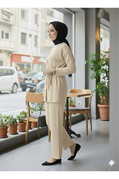 ECEYLÜL MODA Modest Wear Two-Piece Set Tie-Waist Kimono and Wide-Leg Pants Black Casual Stylish Two-Piece Set