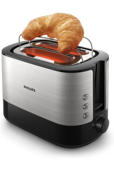 Philips Viva Metal Toaster HD2637/91 - 2-Slot Wide Toaster with Bun Warmer, Reheat & Defrost